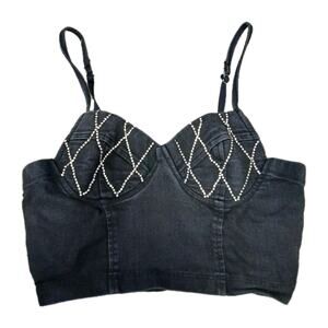 Haute Monde Black Denim Rhinestone Bustier Crop Top M Bedazzled Bra Top Y2K Glam